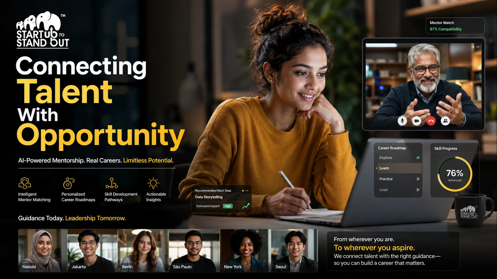 Student participating in an online mentorship session with an industry expert through an AI-powered career guidance platform.