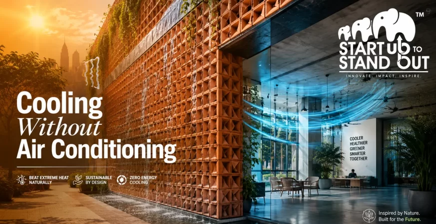 Earthen evaporative cooling wall made of terracotta modules using water circulation to naturally cool buildings in hot climates.
