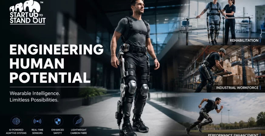 Advanced carbon fibre exoskeleton helping a user walk while demonstrating lightweight wearable robotics for mobility and rehabilitation.