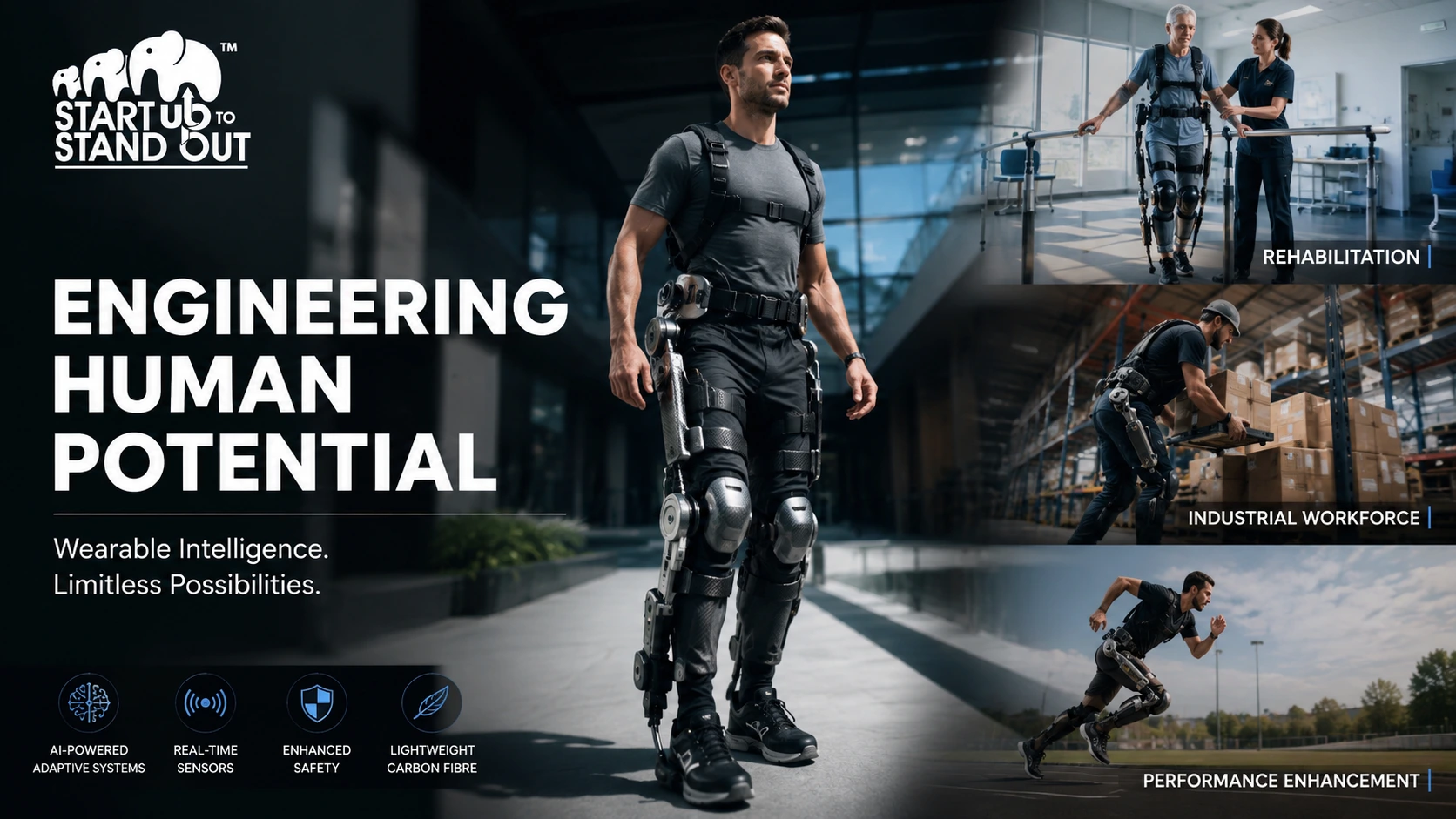 Advanced carbon fibre exoskeleton helping a user walk while demonstrating lightweight wearable robotics for mobility and rehabilitation.