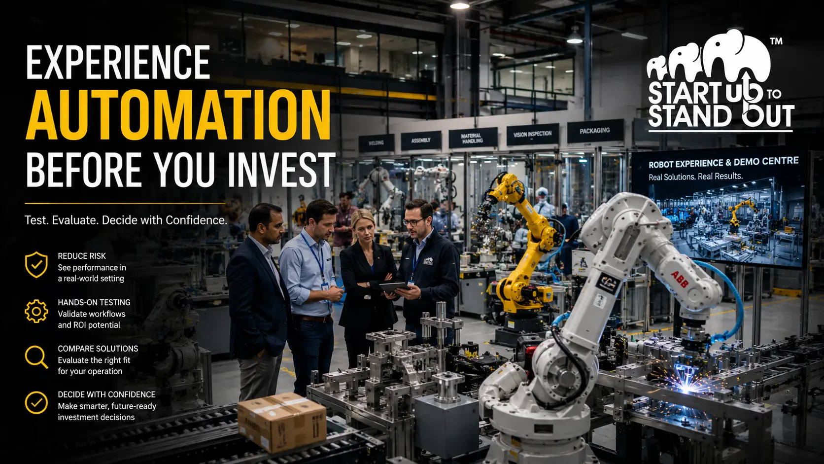 Manufacturing business owners testing industrial robots in a robot experience centre before investing in automation solutions.