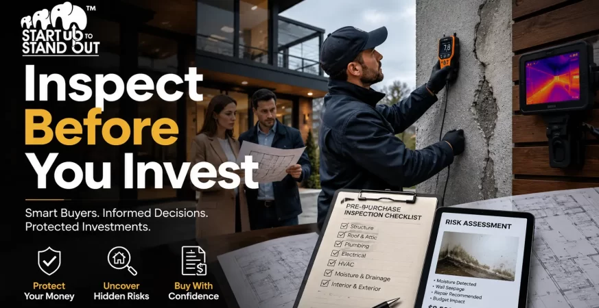 Professional building inspector assessing a residential property for structural defects before a home purchase decision.