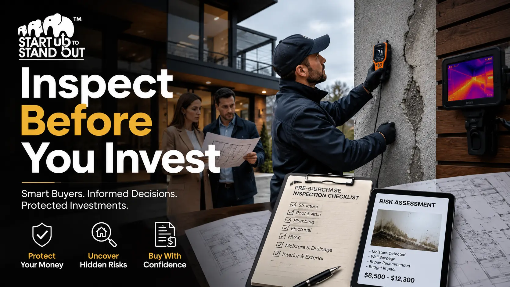 Professional building inspector assessing a residential property for structural defects before a home purchase decision.