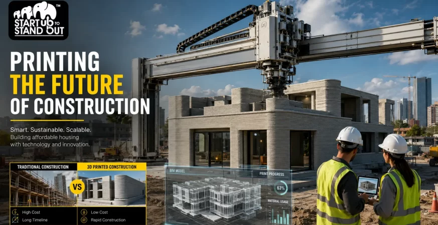 Large-scale 3D concrete printer constructing a modern building with automated layer-by-layer concrete printing technology.
