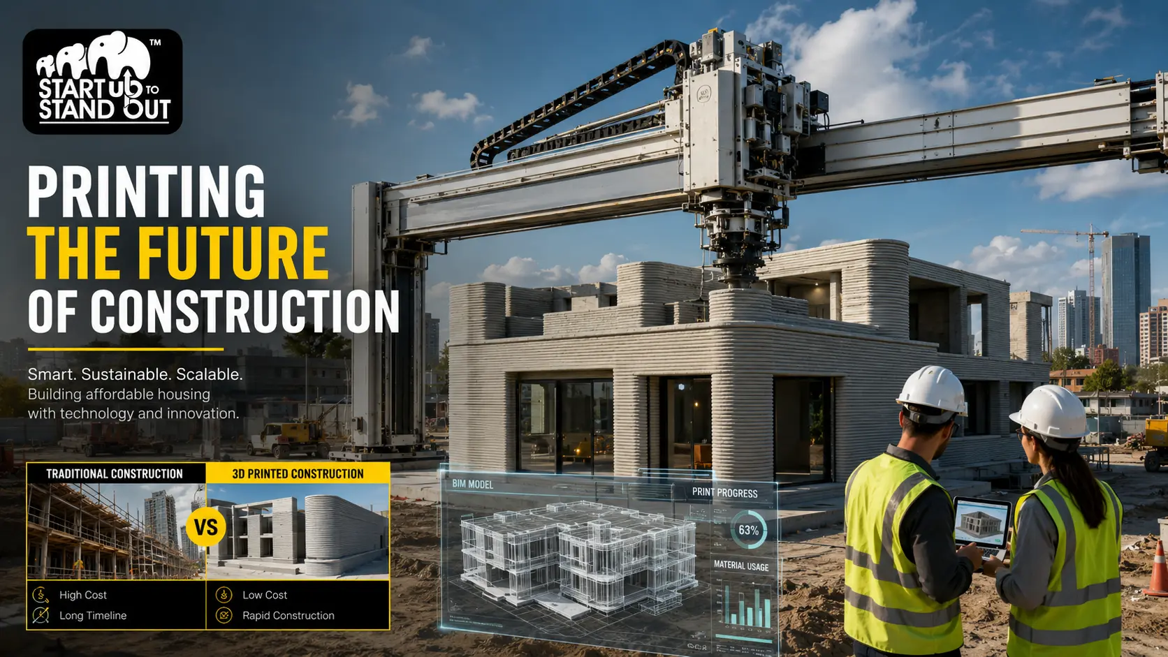Large-scale 3D concrete printer constructing a modern building with automated layer-by-layer concrete printing technology.