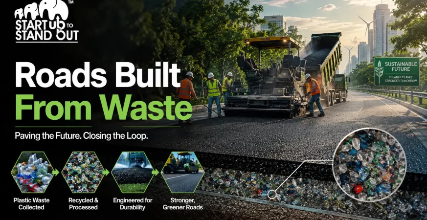 Road construction project using shredded waste plastic mixed with bitumen to create stronger, longer-lasting, and sustainable roads.