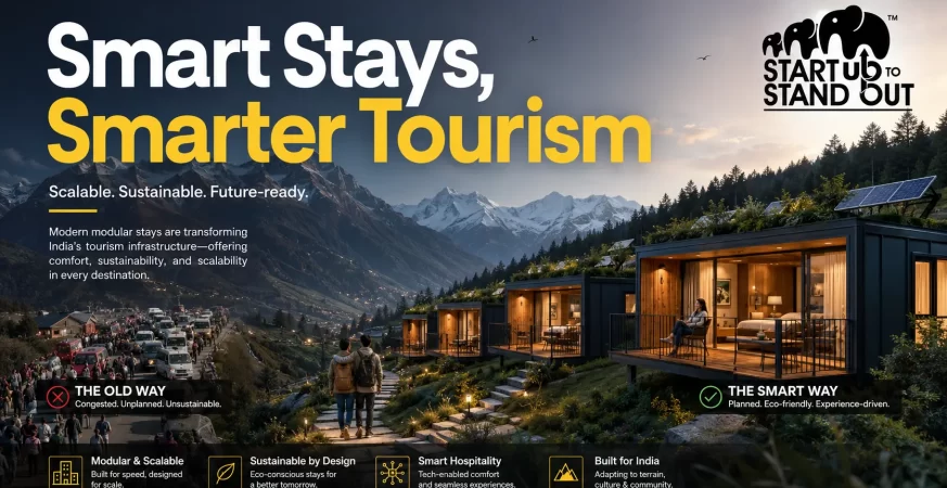 Modern prefabricated smart stay units in an Indian mountain tourism destination, offering sustainable and scalable accommodation during peak travel season.