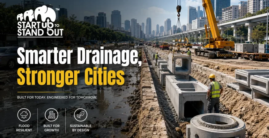 Precast concrete drainage channels and manhole rings being installed in an urban infrastructure project to improve stormwater management.