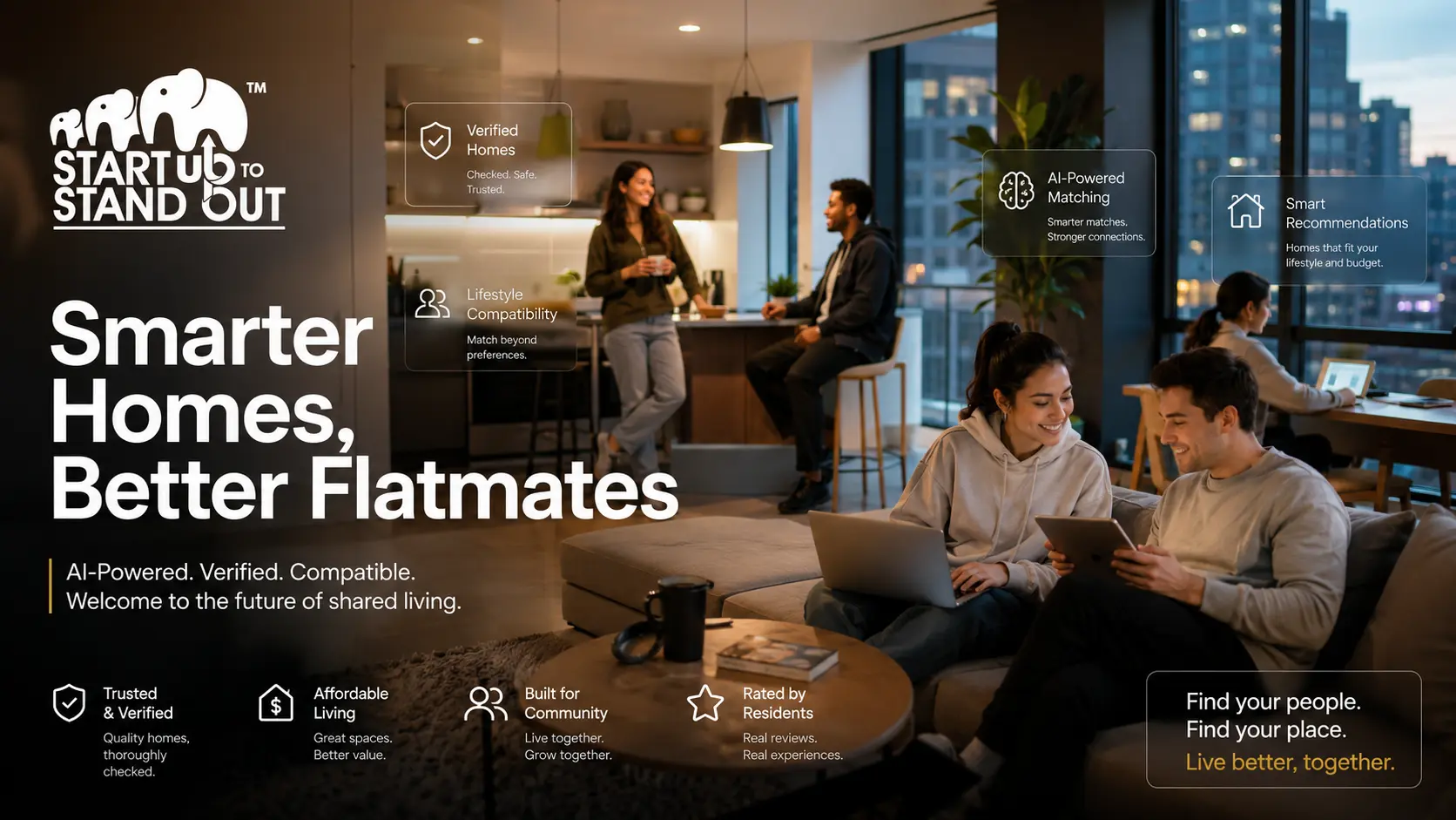 Young professionals and students using an AI-powered co-living platform to find compatible roommates and verified shared accommodation.