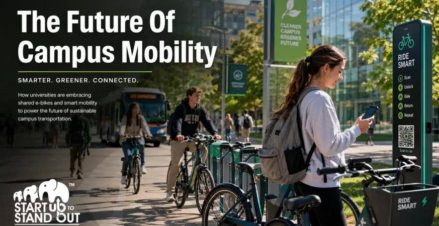 Students using app-based e-bikes near a college campus to solve last-mile transportation challenges through sustainable mobility.
