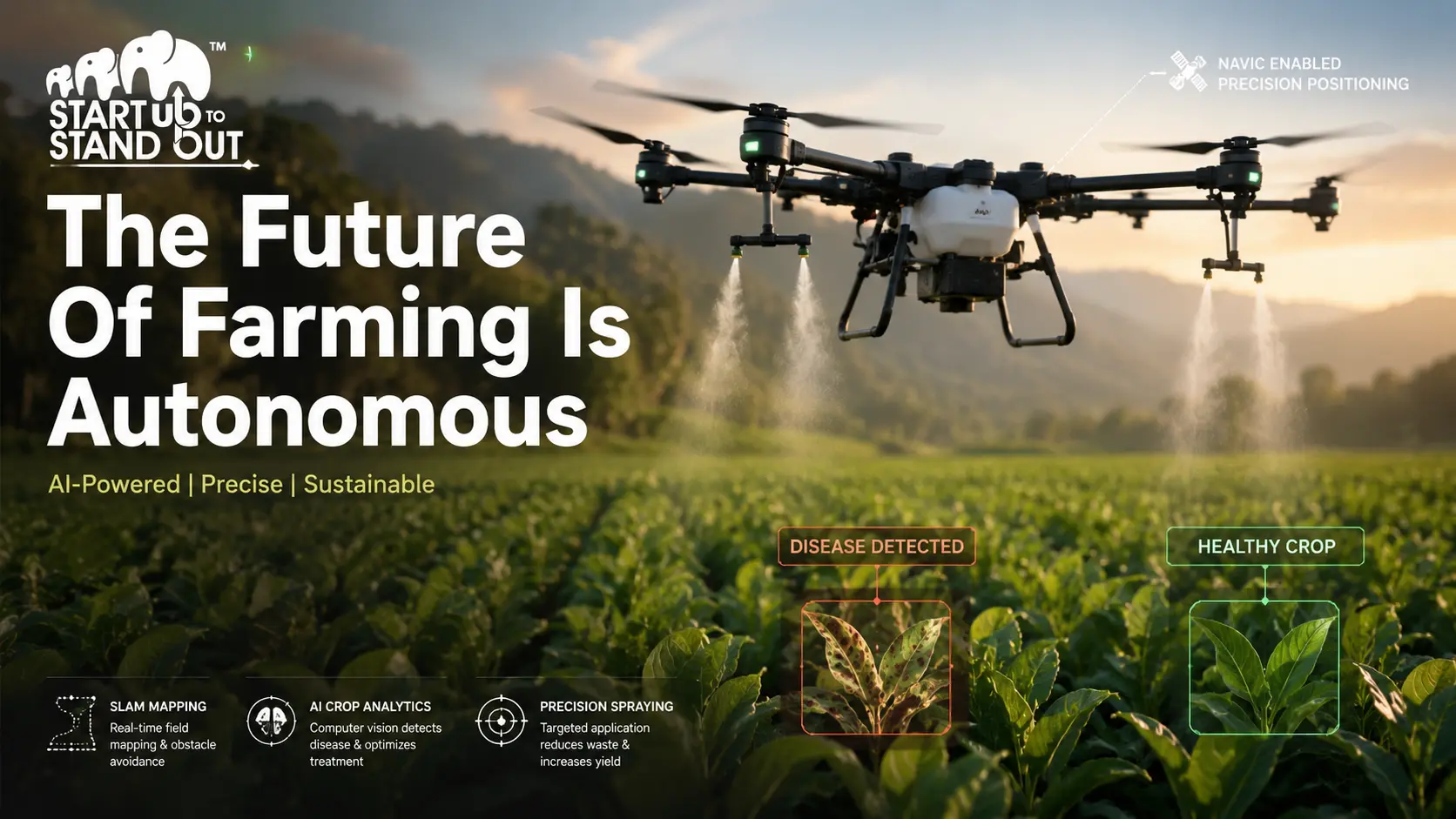 AI-powered agricultural drone performing precision crop monitoring and targeted spraying in a modern farm using computer vision technology.