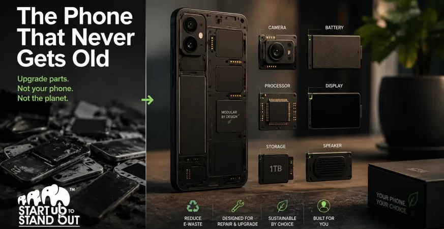 Modular smartphone with interchangeable camera, battery, display, and processor modules designed to reduce electronic waste.