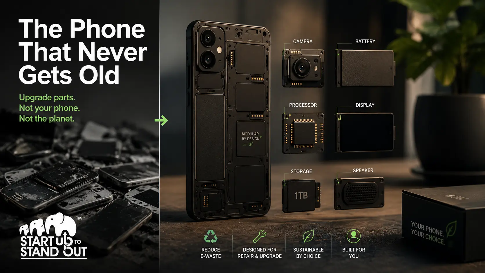Modular smartphone with interchangeable camera, battery, display, and processor modules designed to reduce electronic waste.