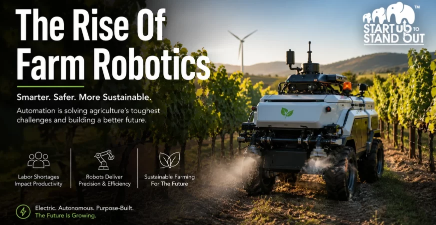 Autonomous agricultural robot operating in a vineyard, helping farmers automate spraying, weeding, and field maintenance tasks.