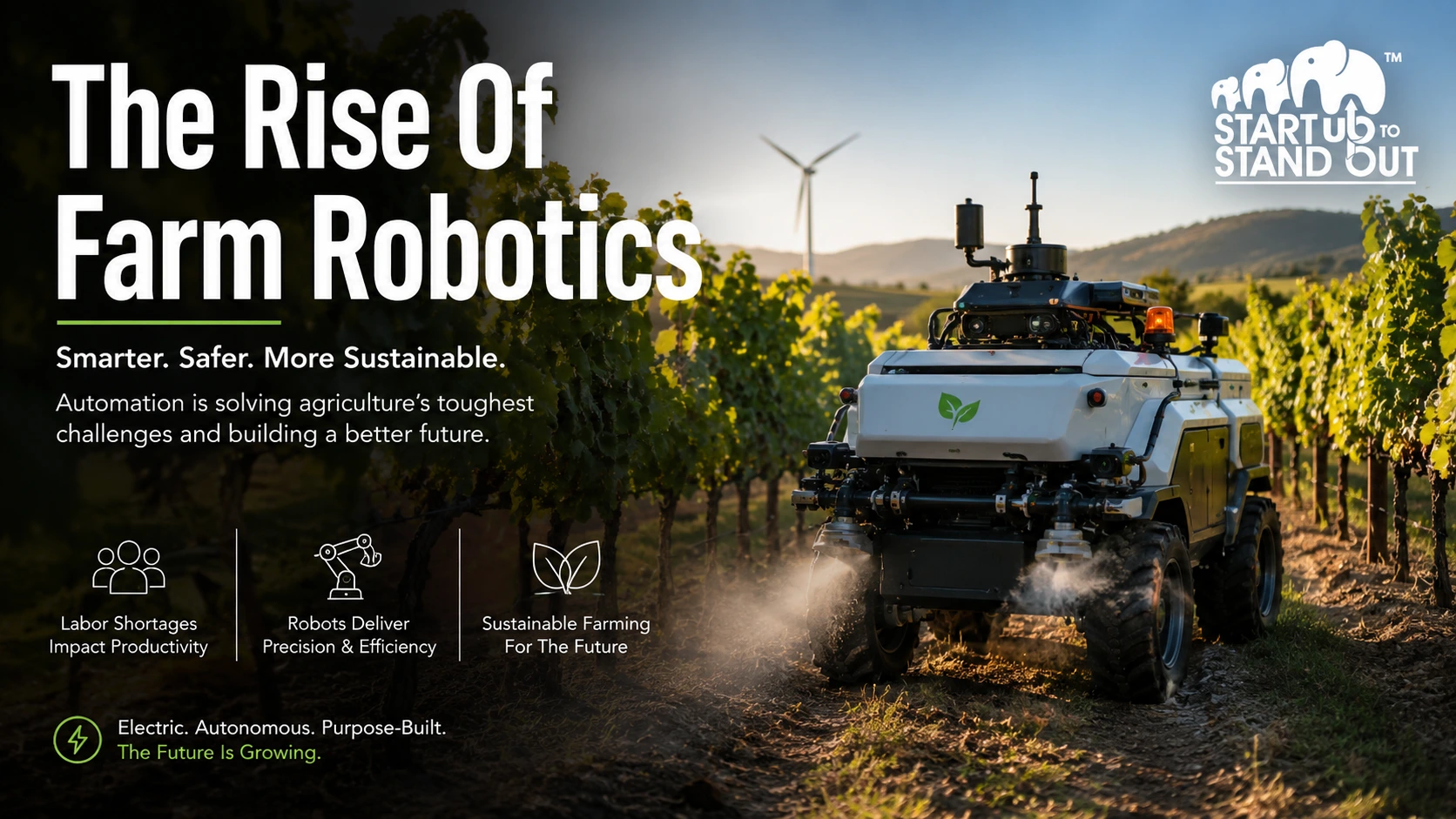 Autonomous agricultural robot operating in a vineyard, helping farmers automate spraying, weeding, and field maintenance tasks.
