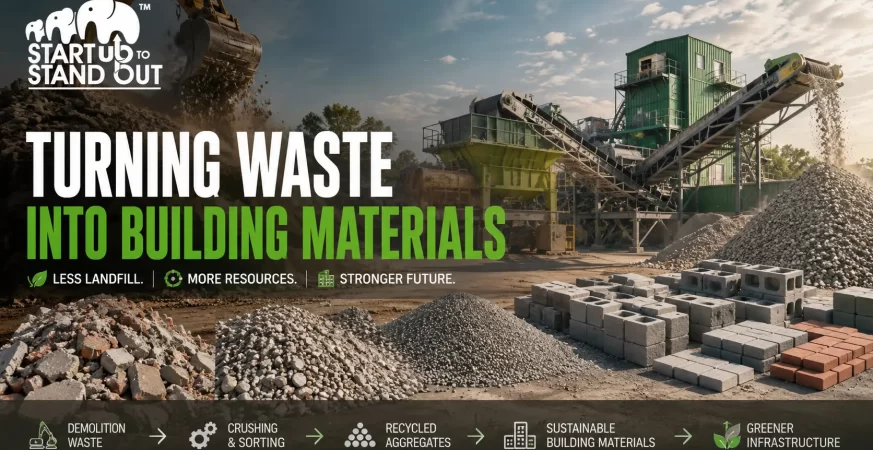 Construction and demolition waste recycling facility converting debris into recycled aggregates, bricks, and sustainable building materials.