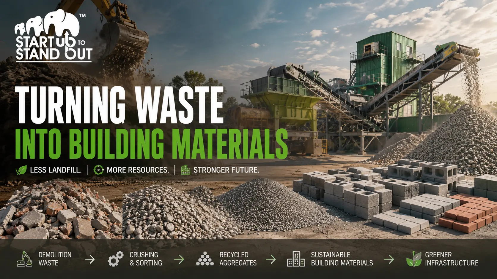Construction and demolition waste recycling facility converting debris into recycled aggregates, bricks, and sustainable building materials.