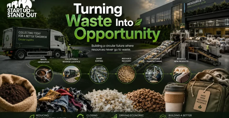 Circular waste logistics network collecting, sorting, and redistributing industrial waste materials for reuse and upcycling.