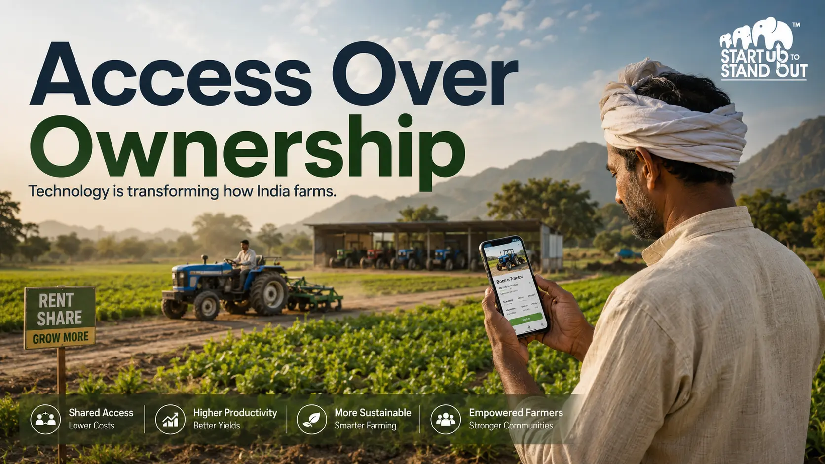 Indian farmers using a digital farm equipment rental platform to book tractors and agricultural machinery from nearby equipment owners.
