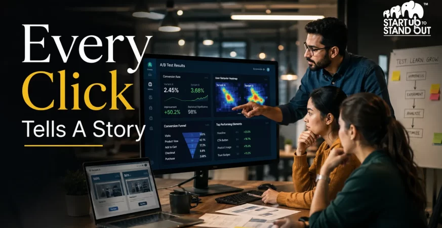 Marketing team using Wingify VWO dashboard to analyze website heatmaps, A/B testing results, and user behavior insights for conversion optimization.