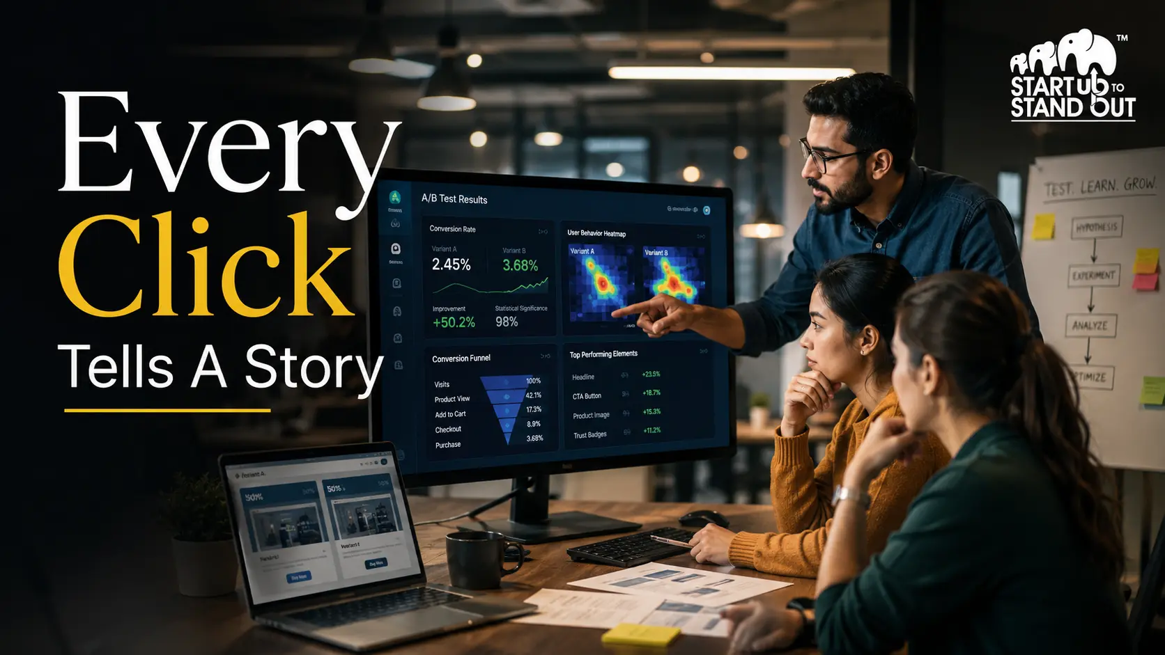 Marketing team using Wingify VWO dashboard to analyze website heatmaps, A/B testing results, and user behavior insights for conversion optimization.