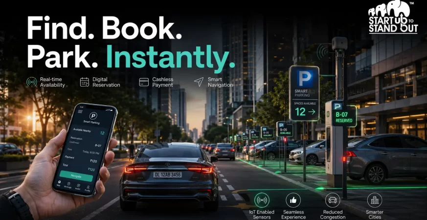 Driver using a smartphone to reserve a smart parking space while a digital dashboard displays real-time parking availability in a modern urban environment.