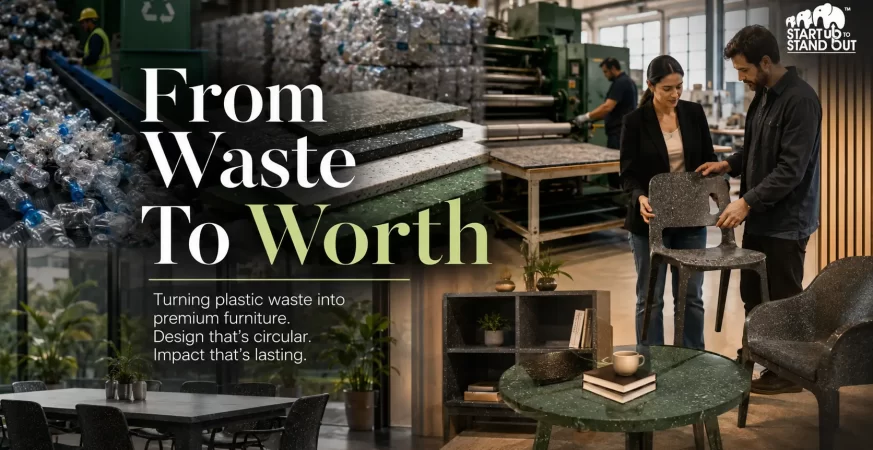 Workers manufacturing modern furniture from recycled plastic panels in a sustainable production facility surrounded by sorted plastic waste and finished eco-friendly products.