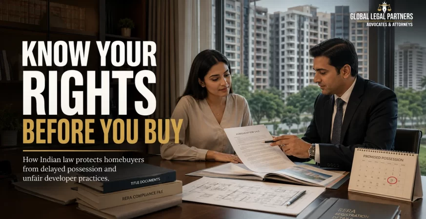 An Indian homebuyer consulting a real estate lawyer before purchasing a residential property while reviewing RERA documents and the Agreement for Sale.