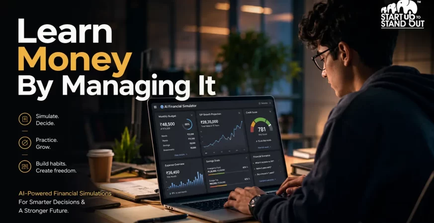 Student using an AI-powered financial simulation platform to practice budgeting, investing, and personal finance through interactive real-world scenarios.