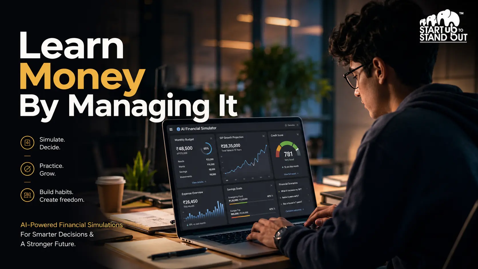 Student using an AI-powered financial simulation platform to practice budgeting, investing, and personal finance through interactive real-world scenarios.
