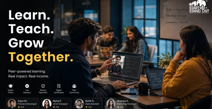 Students teaching and learning through a modern peer-to-peer digital education platform with live sessions, skill categories, tutor profiles, and collaborative learning tools.