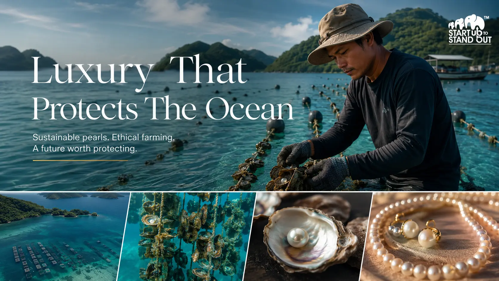 Cultured pearl oysters growing in a sustainable marine aquaculture farm with clear coastal waters and environmentally responsible farming practices.