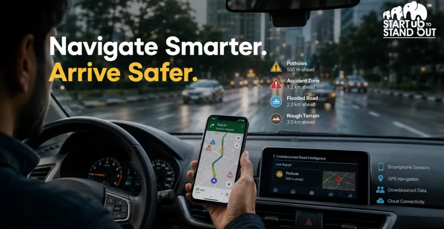 Driver using a smartphone navigation app displaying real-time road hazard alerts, potholes, accident zones, and safer route recommendations on a modern city road.