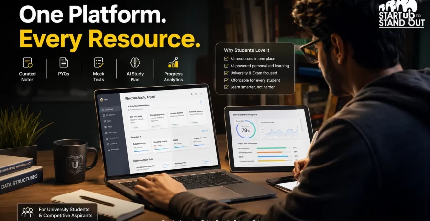 College student using an AI-powered study platform featuring curated notes, previous year questions, mock tests, and personalized learning recommendations on a laptop.