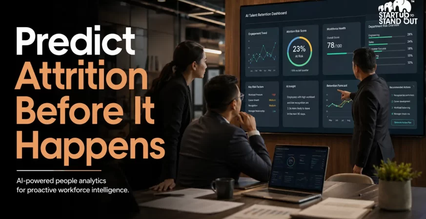 HR managers analyzing an AI-powered workforce analytics dashboard showing employee engagement trends, attrition risk scores, and personalized retention recommendations.