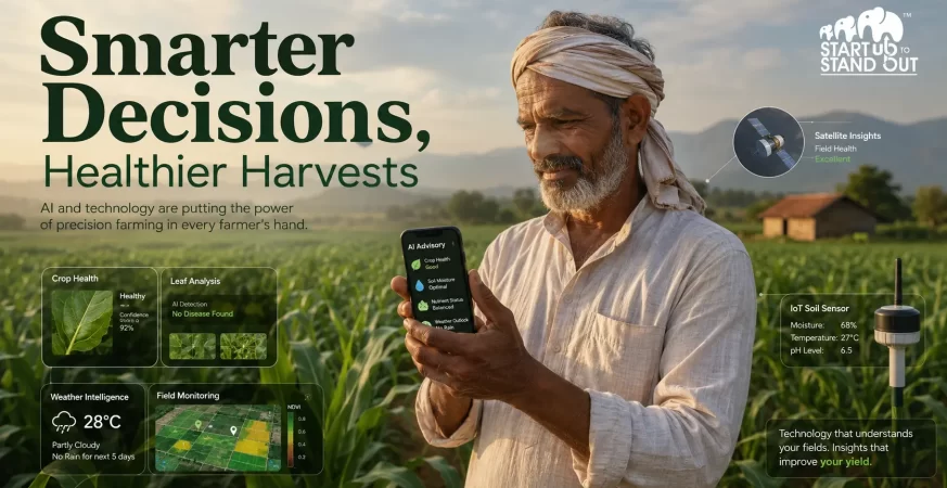 Indian farmer using an AI-powered mobile farming platform to monitor crop health, detect diseases, and receive precision farming recommendations through satellite and IoT data.