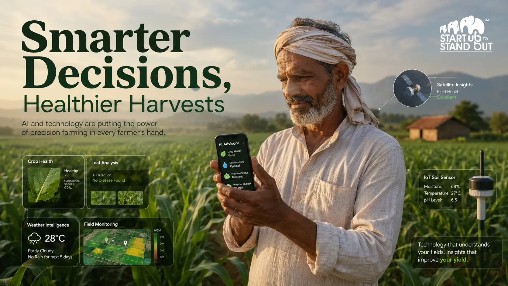 Indian farmer using an AI-powered mobile farming platform to monitor crop health, detect diseases, and receive precision farming recommendations through satellite and IoT data.