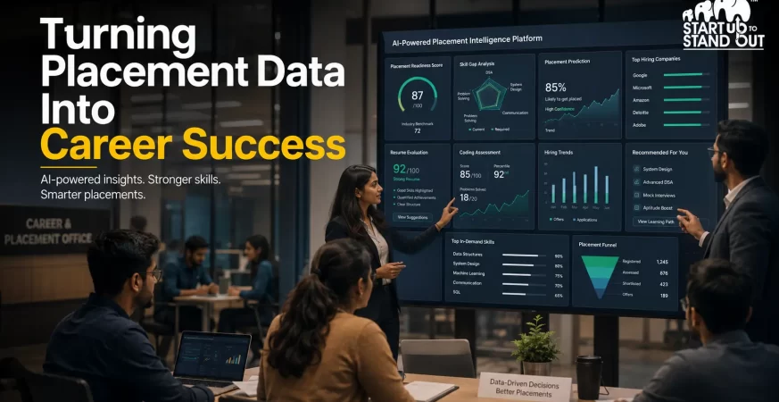 Placement officer analyzing AI-powered dashboards showing student skill gaps, placement trends, predictive hiring analytics, and career readiness metrics.