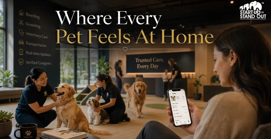 Modern pet care facility where caregivers interact with dogs while pet owners monitor their pets through a mobile app featuring live updates and digital pet profiles.