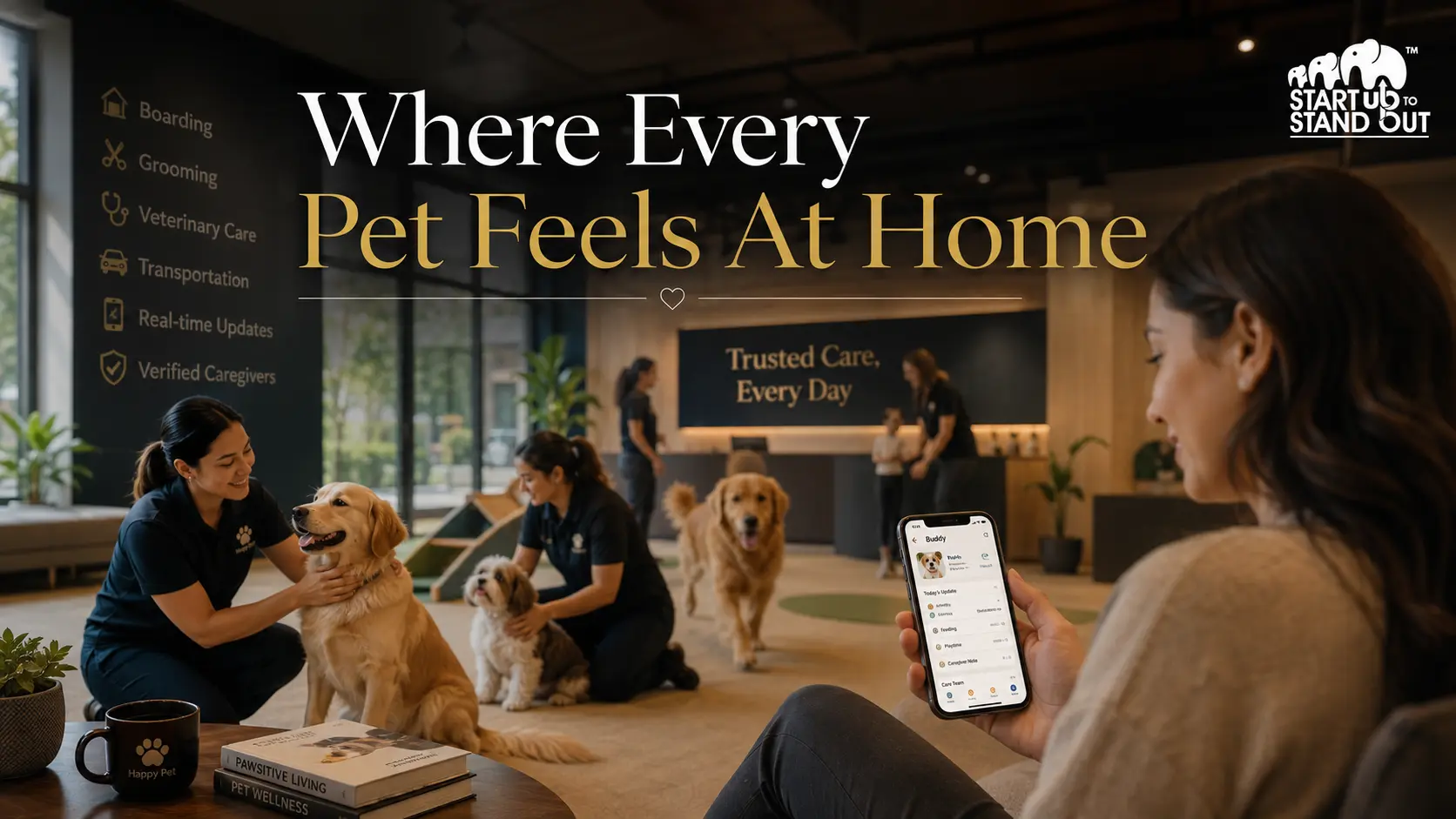 Modern pet care facility where caregivers interact with dogs while pet owners monitor their pets through a mobile app featuring live updates and digital pet profiles.